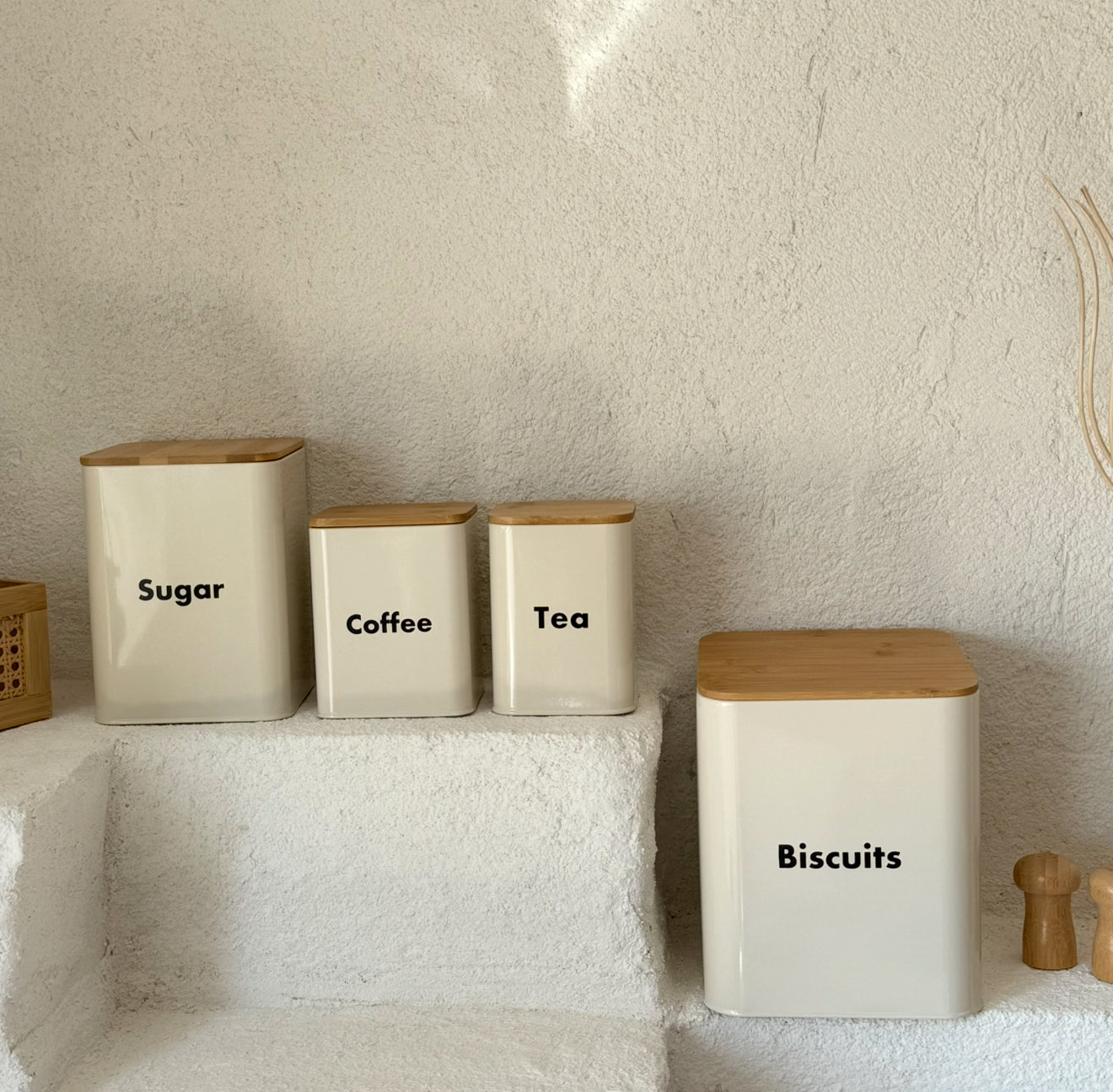 Evanev Bambu Kapaklı Jar Erzak Seti 4 Parça Krem