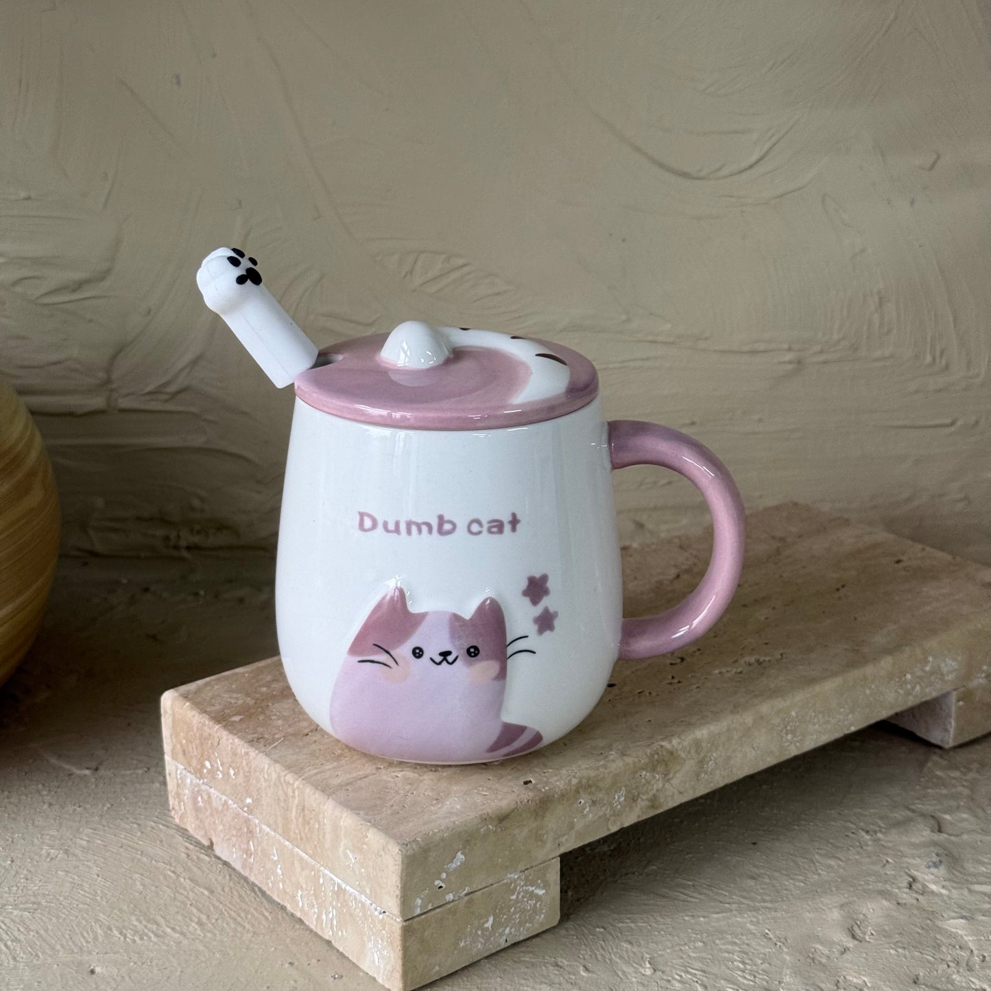 Dumb Cat Porselen Kapaklı Kupa Seti Pembe