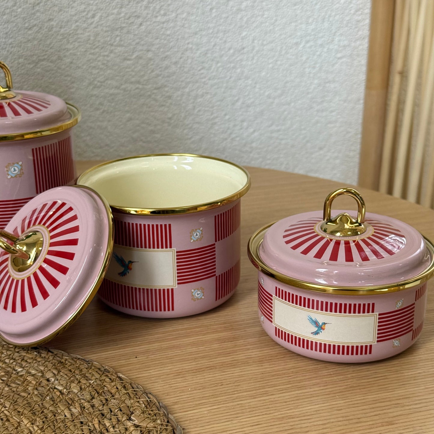 Pashally Emaye Kuş Desenli 3 Boy Kavanoz Seti  Pembe-KırmıI KOD:0472