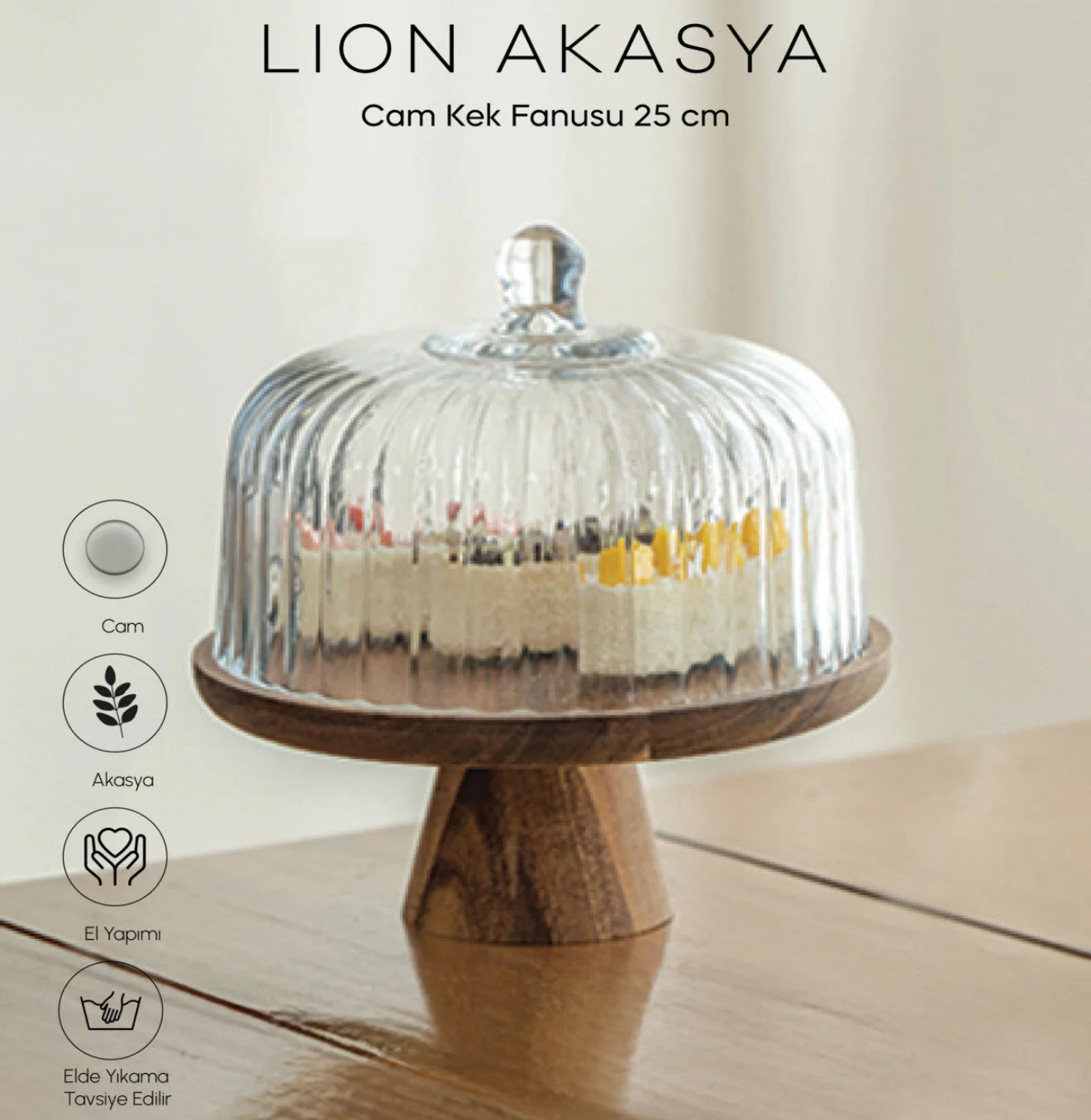 Lion Ayaklı Akasya Ağacı Cam Kek Fanus 25 cm KOD:0029