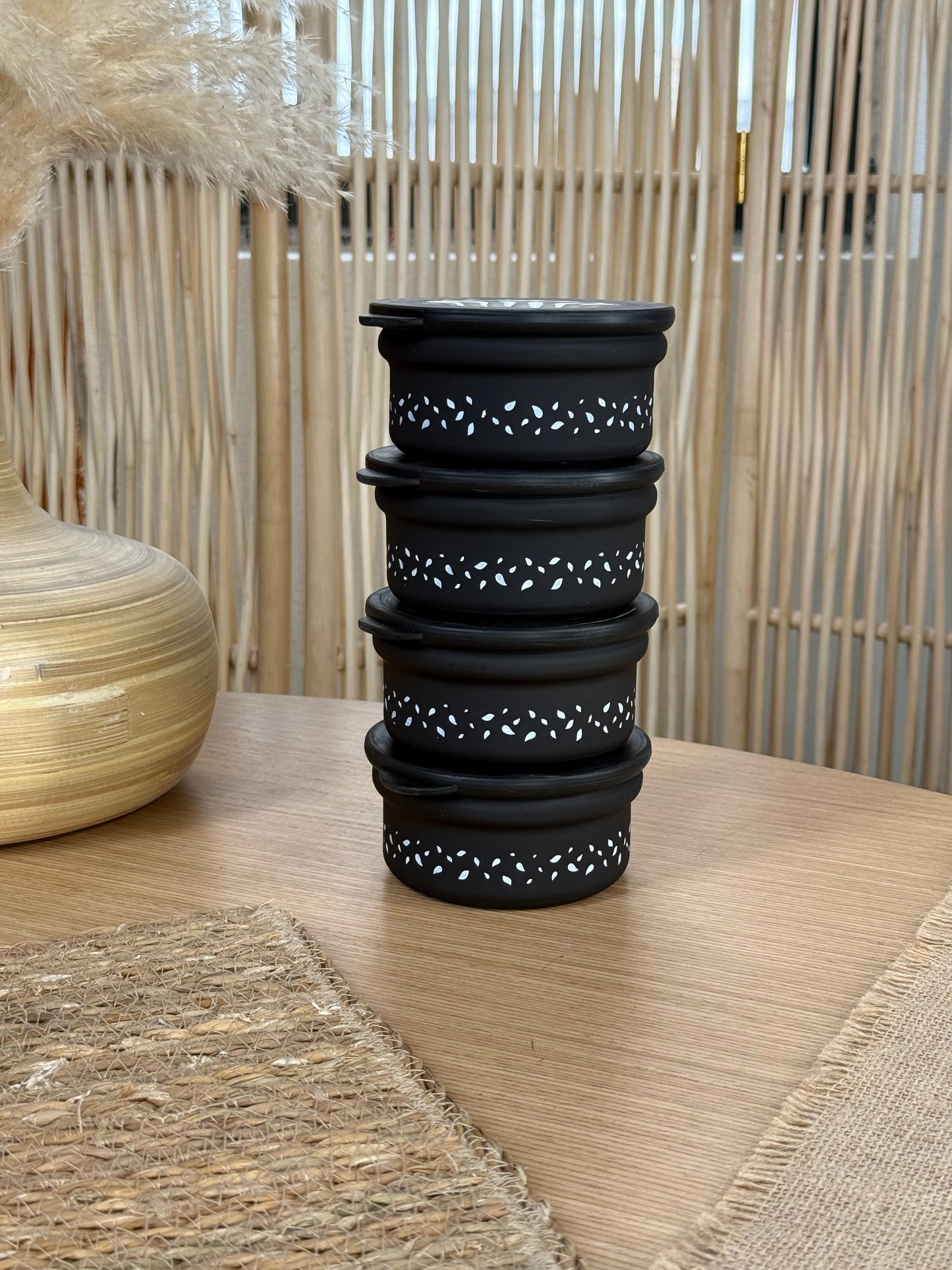 Flat Desenli 4 Parça Cam Saklama Kabı 415 ml Siyah-Beyaz KOD:0470