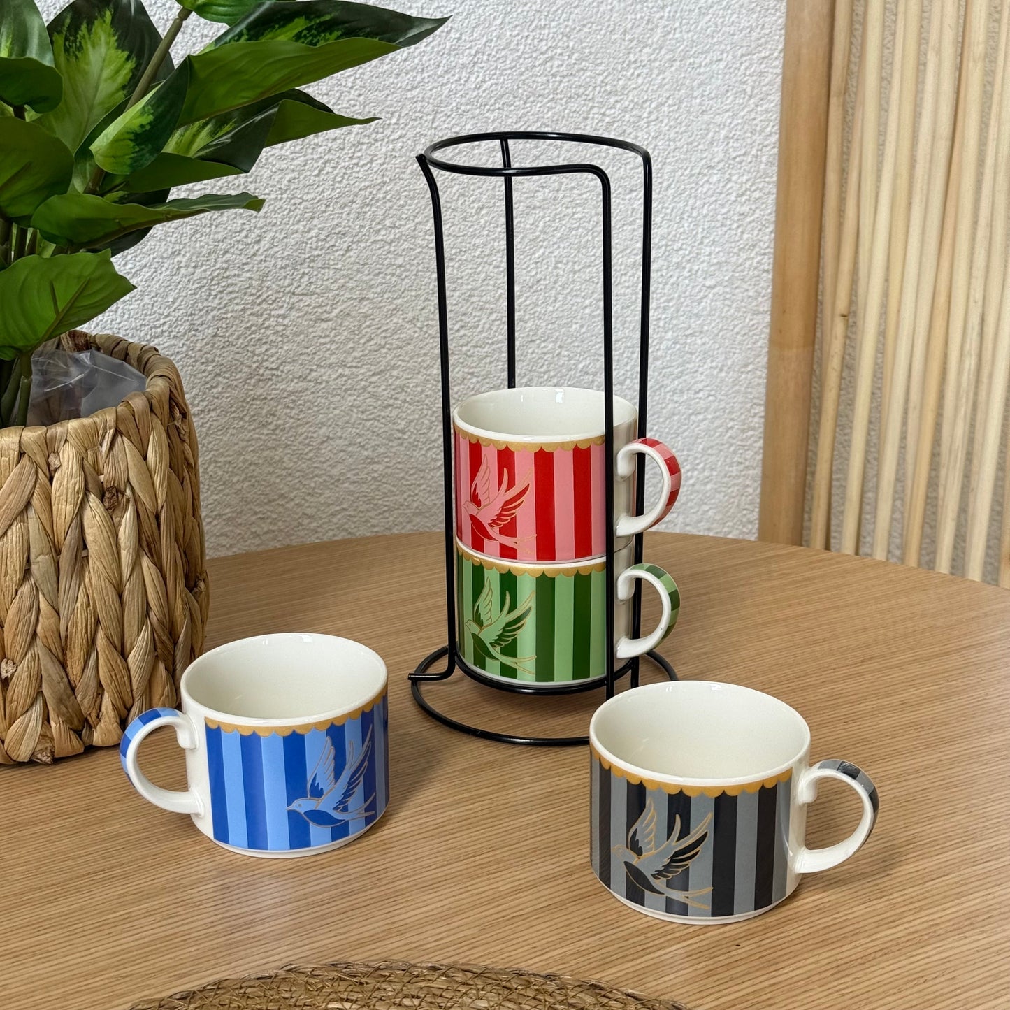 Pashally Metal Standlı Porselen Kuşlu 4 Lü Nescafe Kupa Seti Renkli KOD:0917