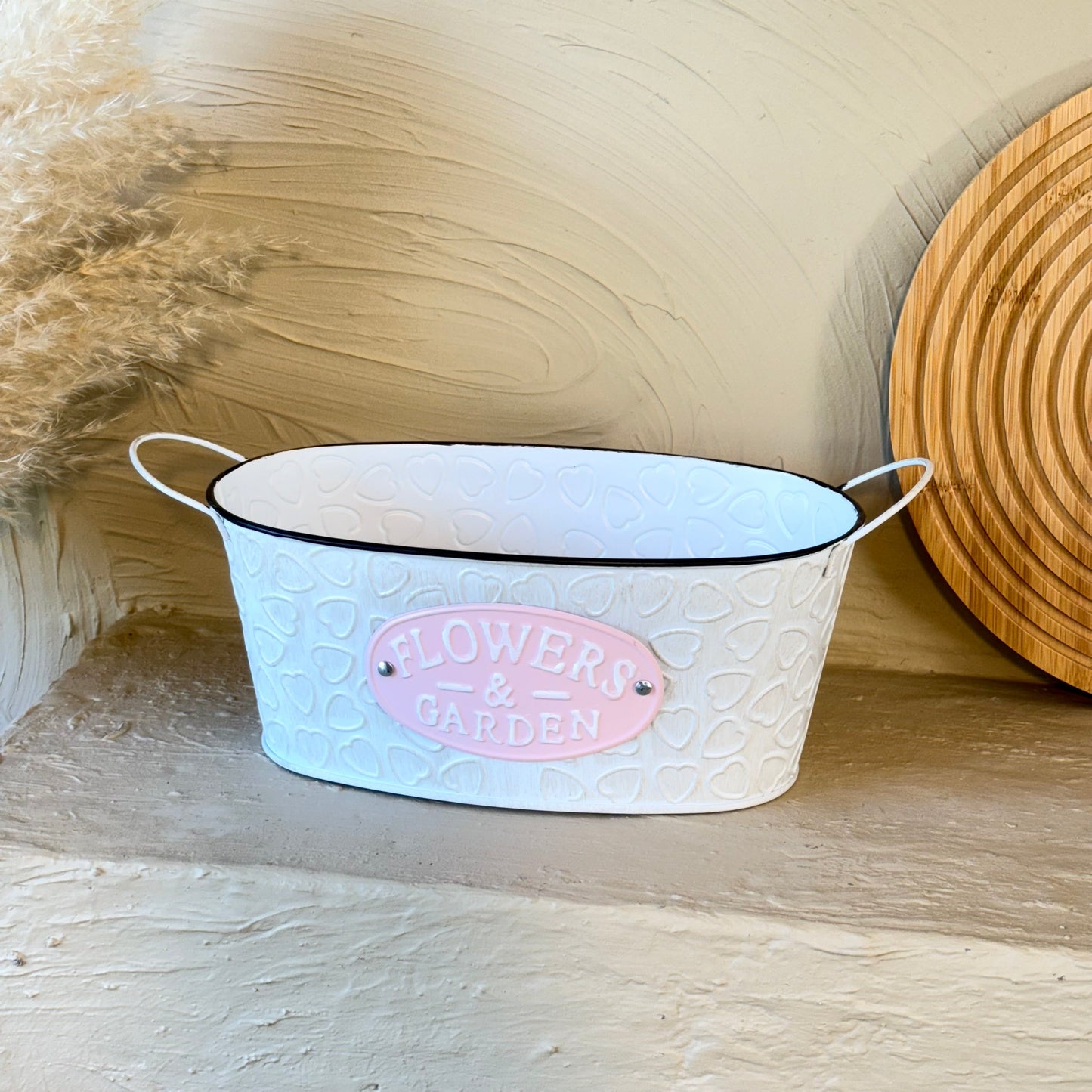 Tutku Vintage Oval Metal Kulplu Saksı Beyaz KOD:3458
