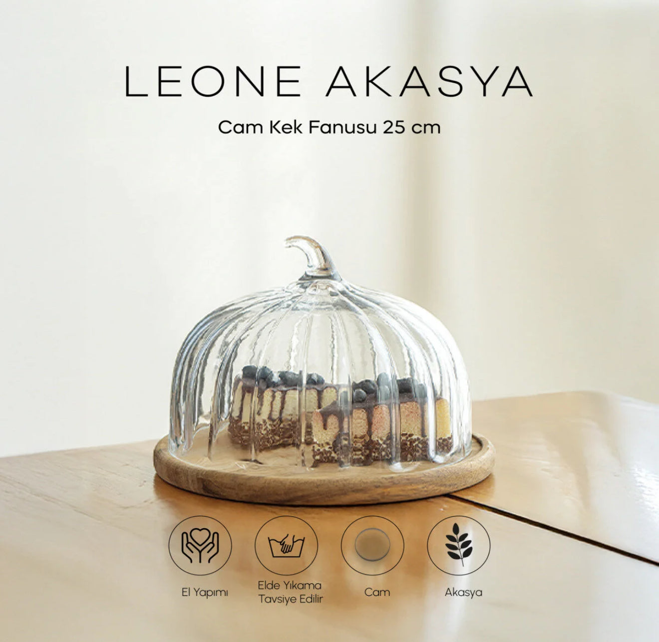 Leone Akasya Standlı Cam Kek Fanusu 25 cm KOD:0026