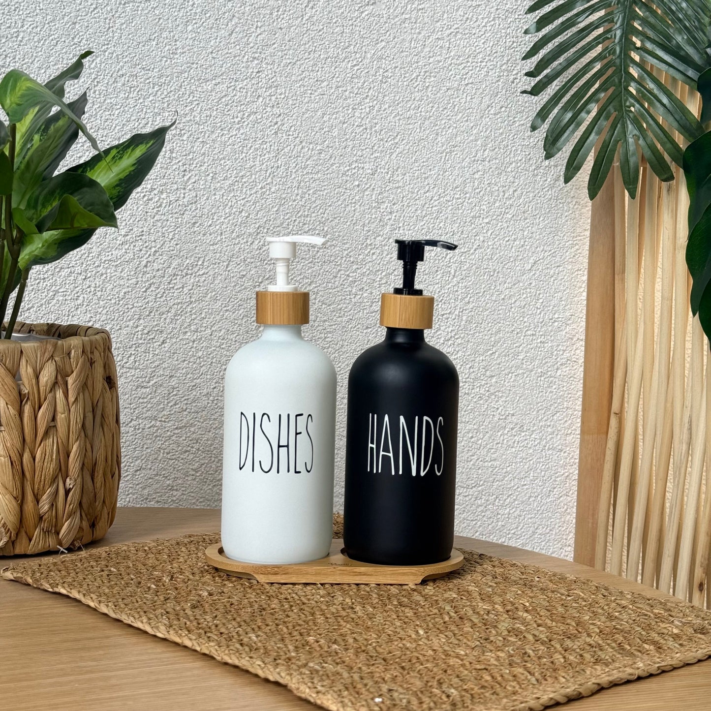 Lotion Bambu Standlı Cam Sıvı Sabunluk Seti Beyaz-Siyah KOD:15708