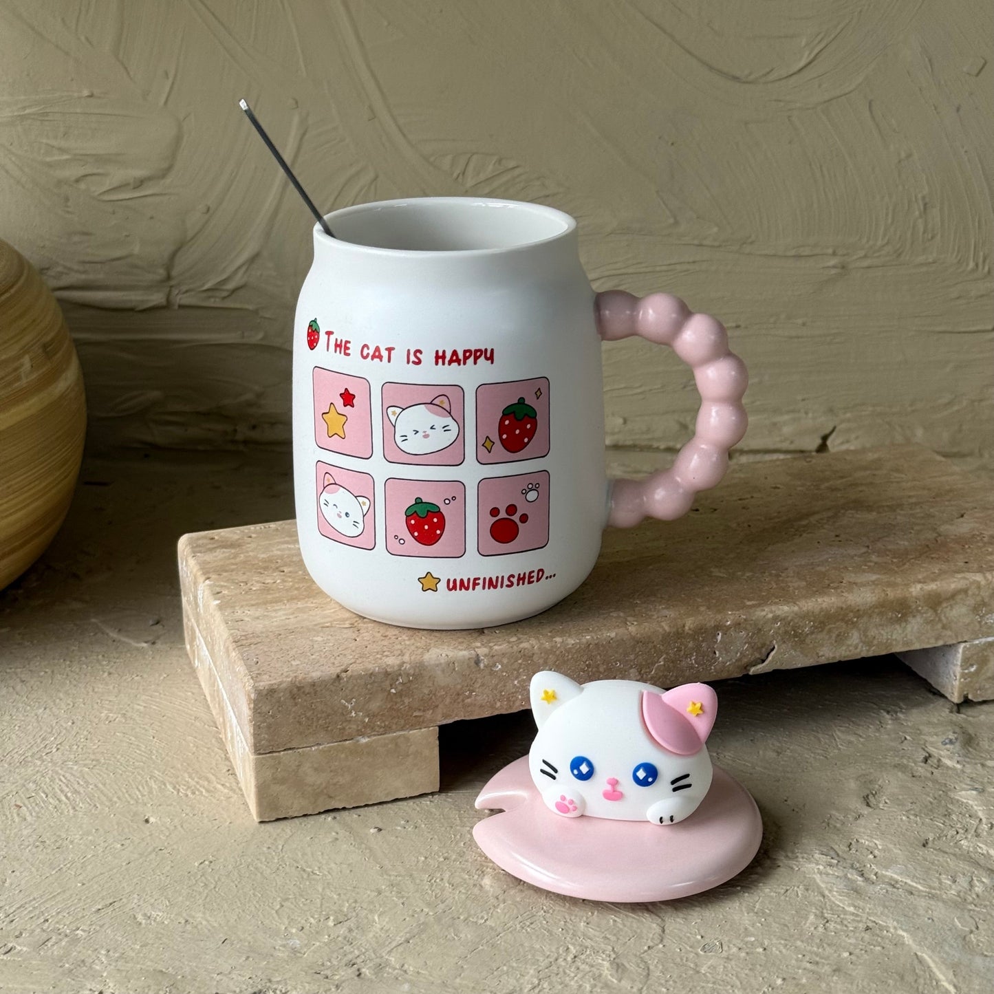 Tutku Cat İs Happy Kapaklı Porselen Kupa 400 ml