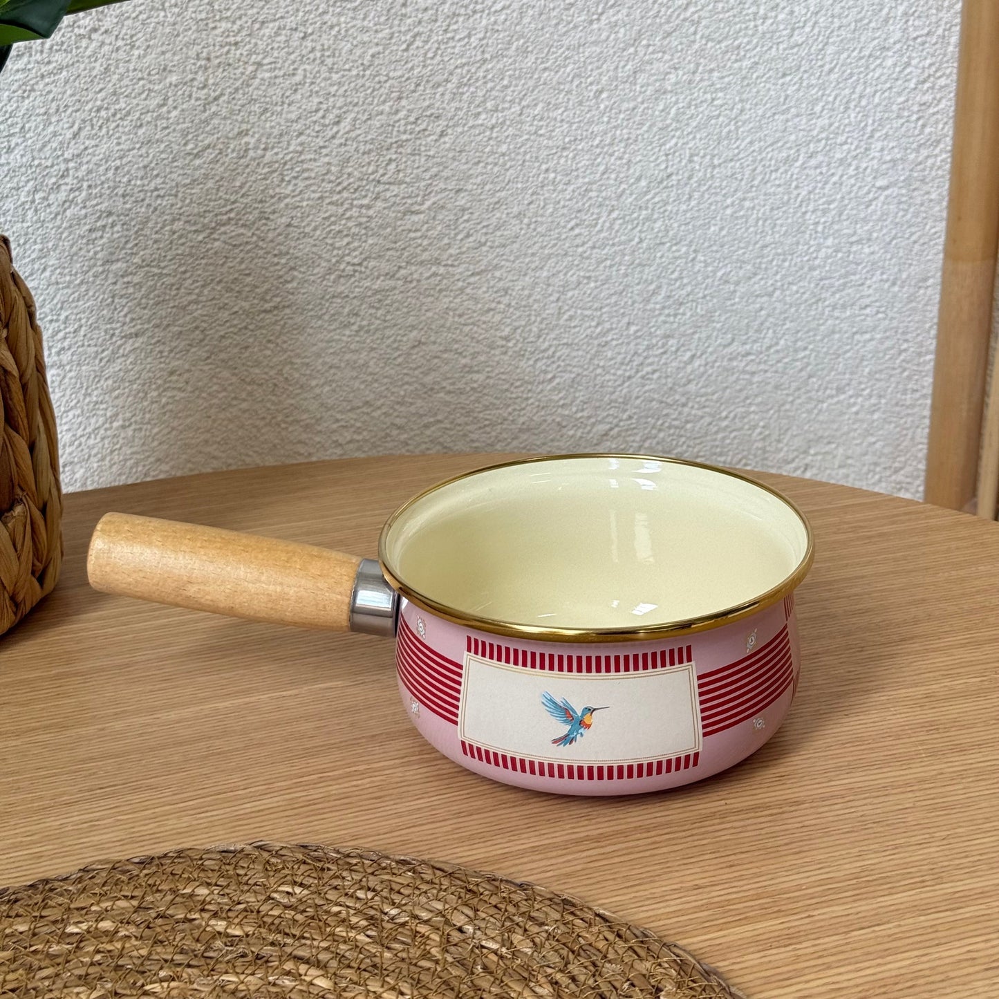 Pashally Ahşap Tutmalı Emaye Sos Tava 14 cm Pembe-Kırmızı KOD:0588