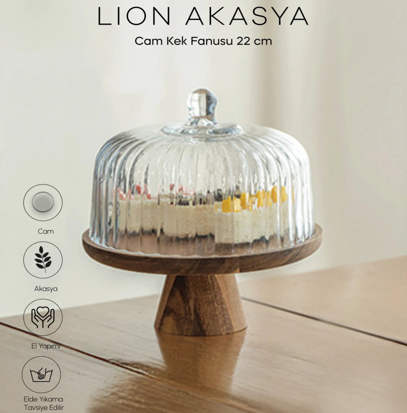 Lion Ayaklı Akasya Ağacı Cam Kek Fanus 22 cm KOD:0028