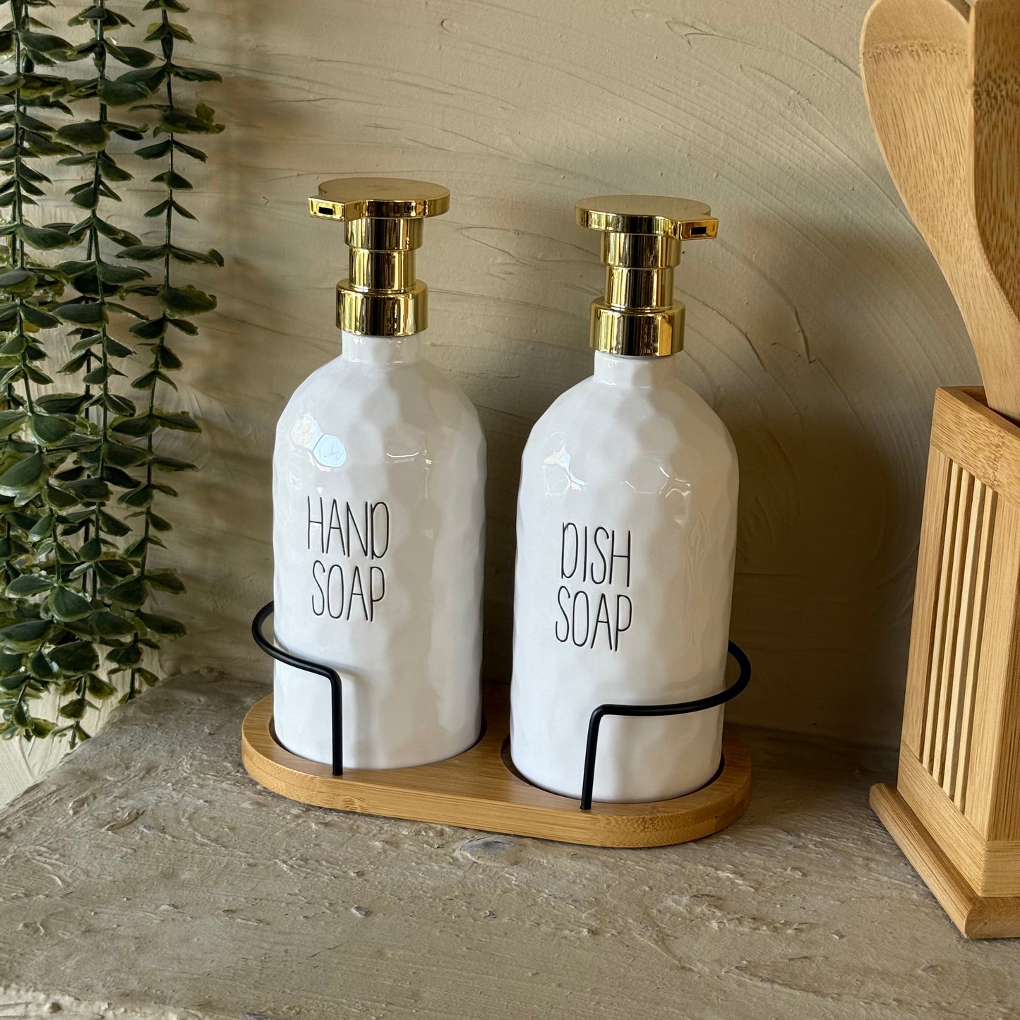 Buenally Sıvı Sabunluk Bambu Standlı 3 Parça Seti Beyaz KOD:2405
