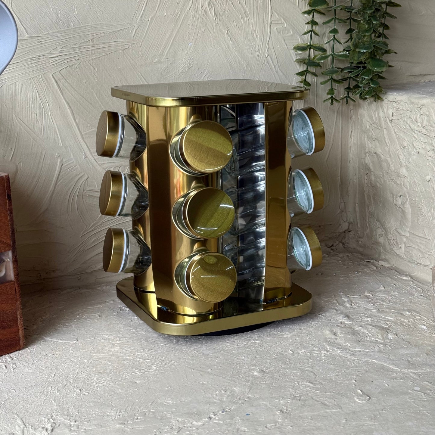 SVR Dönerli Standlı Kare Metal Kapaklı 12 Li  Baharatlık Seti Gold KOD:716