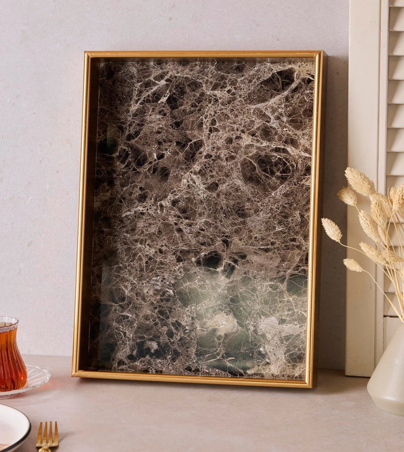 Turin Marble Siyah Gold Tepsi 28x40 cm KOD:17469
