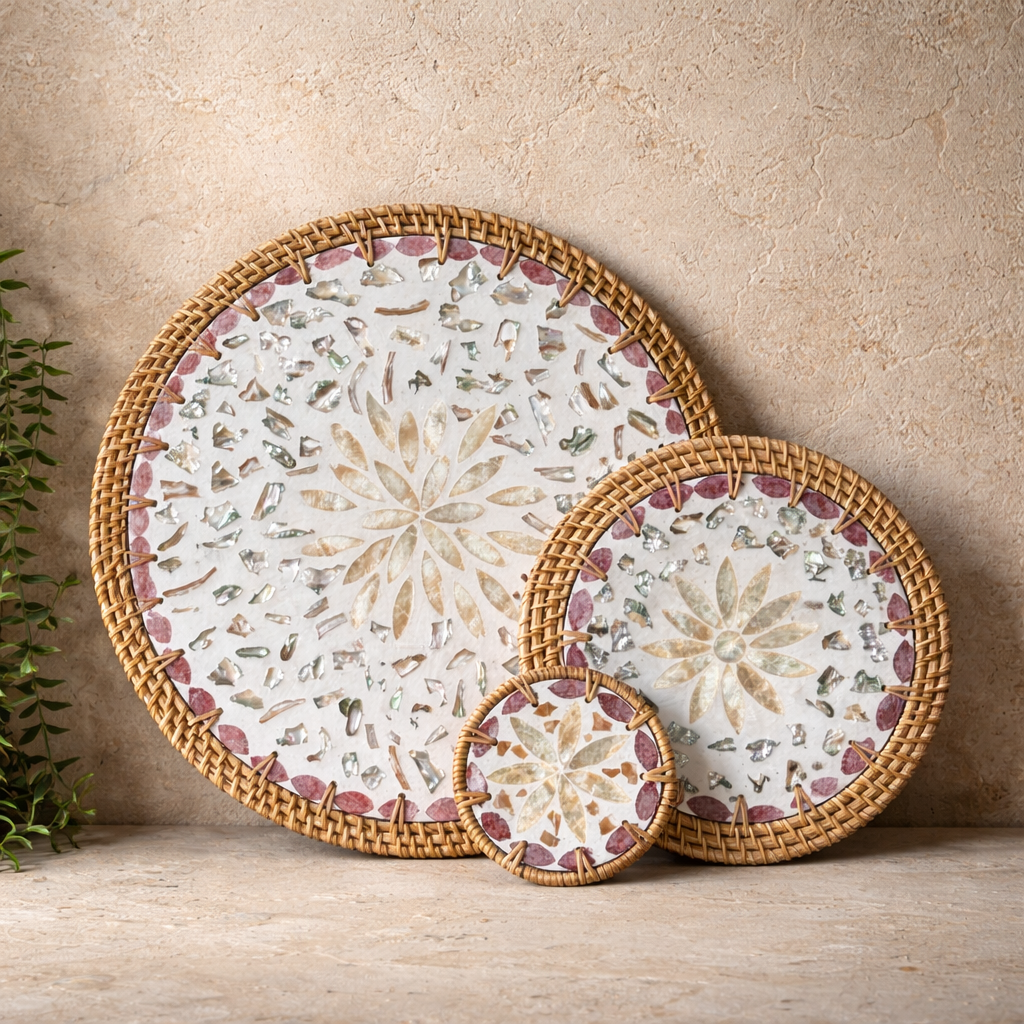 Saverlly Sedef Servis Set Krem-Pembe Çicek Model 3 Parça KOD:3432-35-38