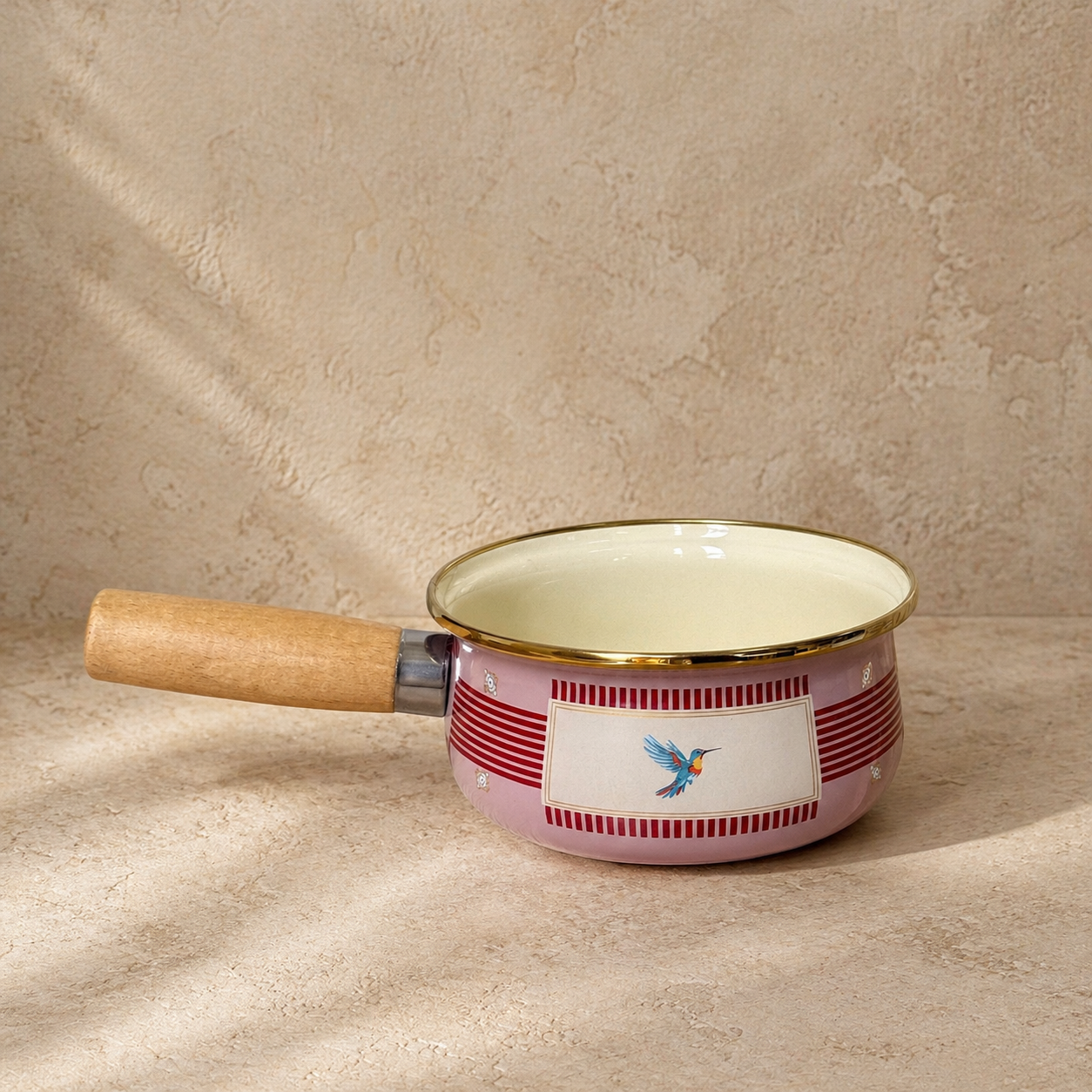 Pashally Ahşap Tutmalı Emaye Sos Tava 14 cm Pembe-Kırmızı KOD:0588