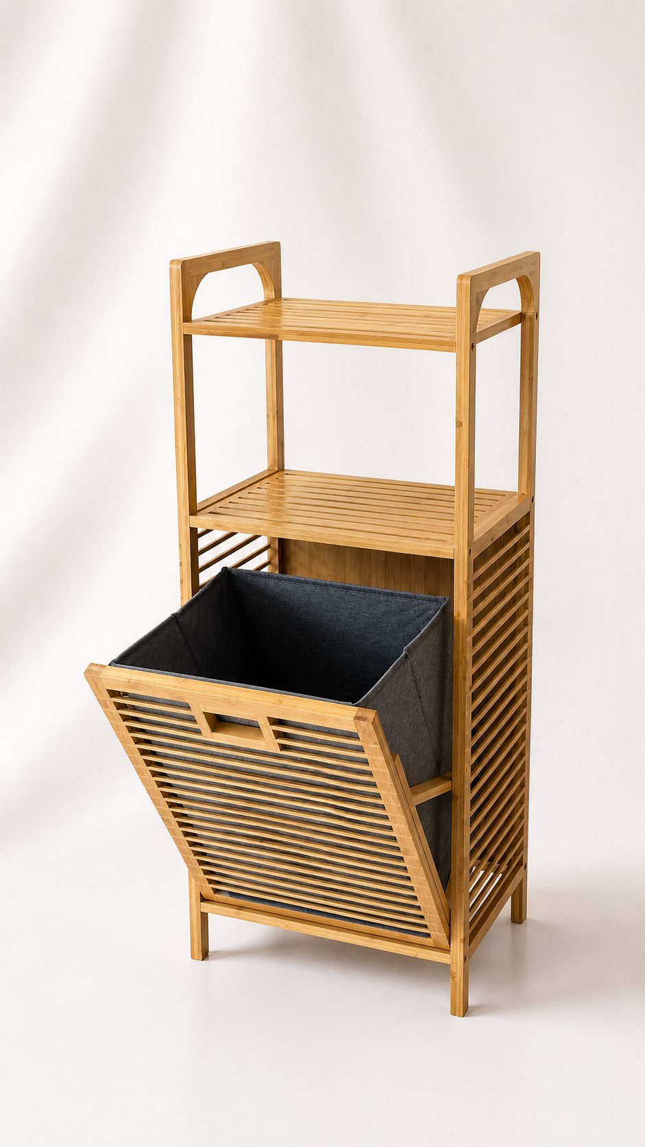 2 Adet Eva  Medusa Bambu Kirli Çamaşır Sepeti 2 Katlı Raf Banyo Dolabı 95x40x30 cm
