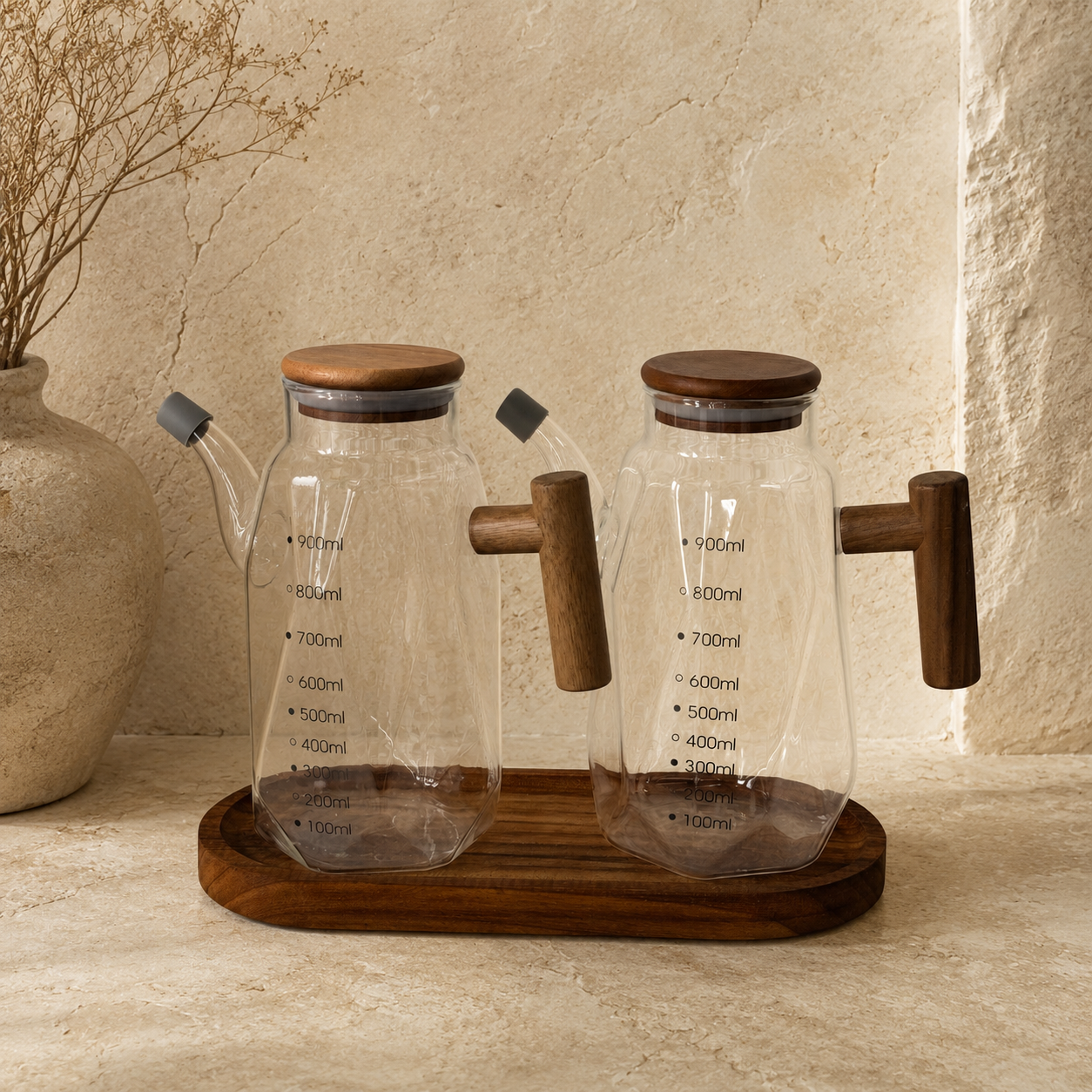 Buenoslly Oval Ahşap Standlı İkili Yağdanlık Seti 900 ml KOD:152