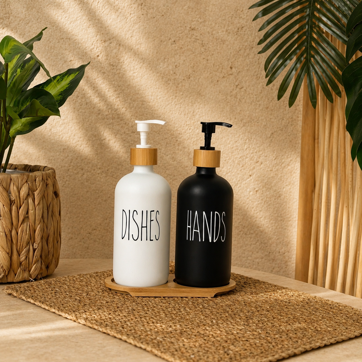 Lotion Bambu Standlı Cam Sıvı Sabunluk Seti Beyaz-Siyah KOD:15708