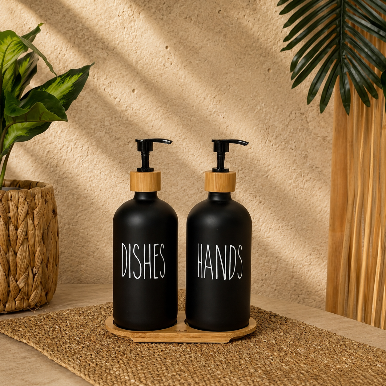 Lotion Bambu Standlı Cam Sıvı Sabunluk Seti Siyah KOD:15707