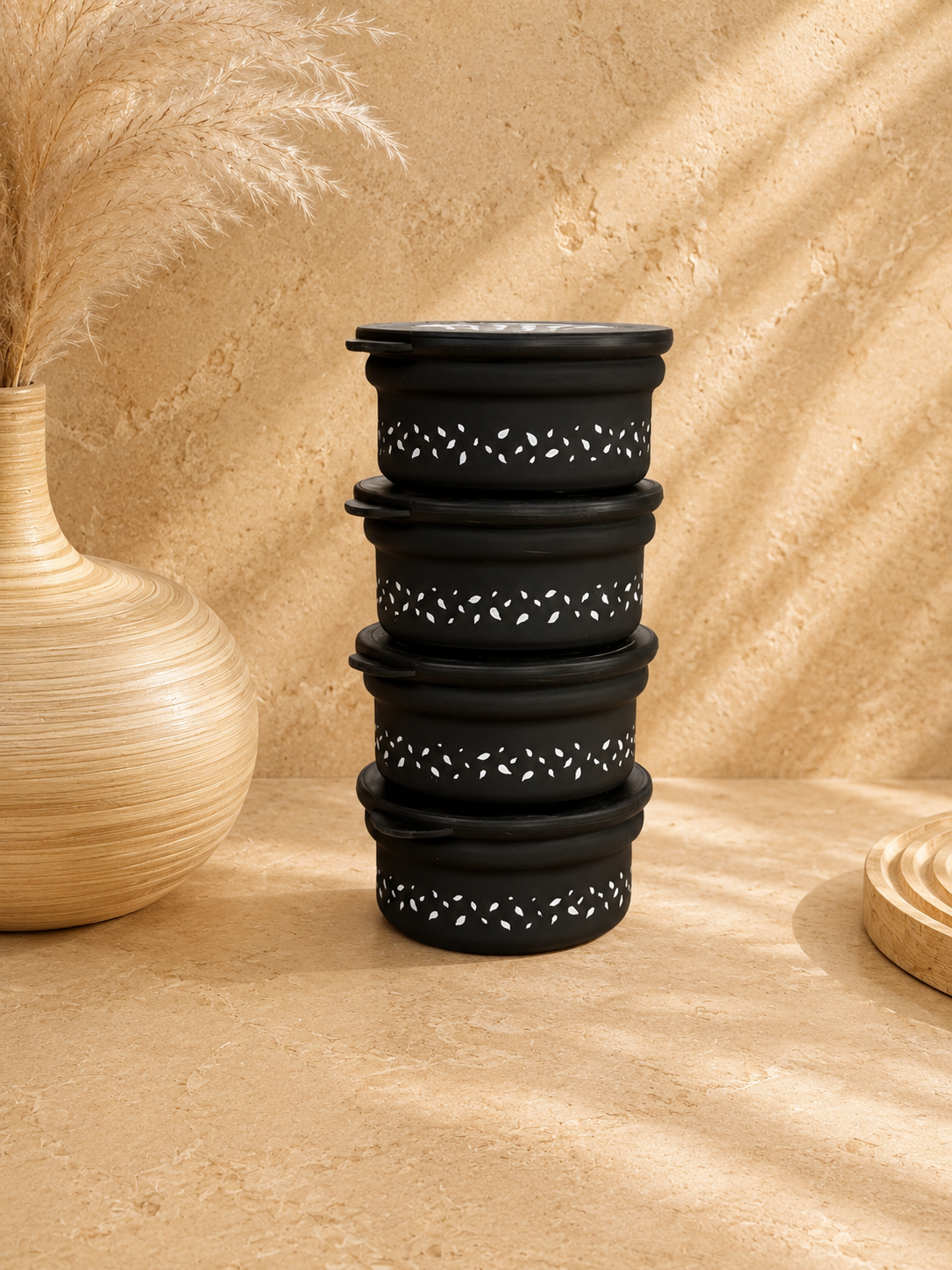Flat Desenli 4 Parça Cam Saklama Kabı 415 ml Siyah-Beyaz KOD:0470