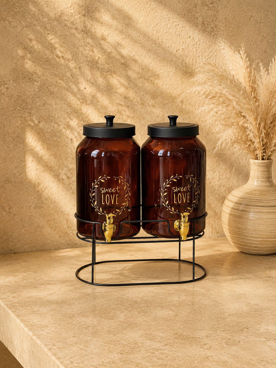 Milano Metal Standlı Cam Çift Sebil Seti Amber 4+4 Litre KOD:11326