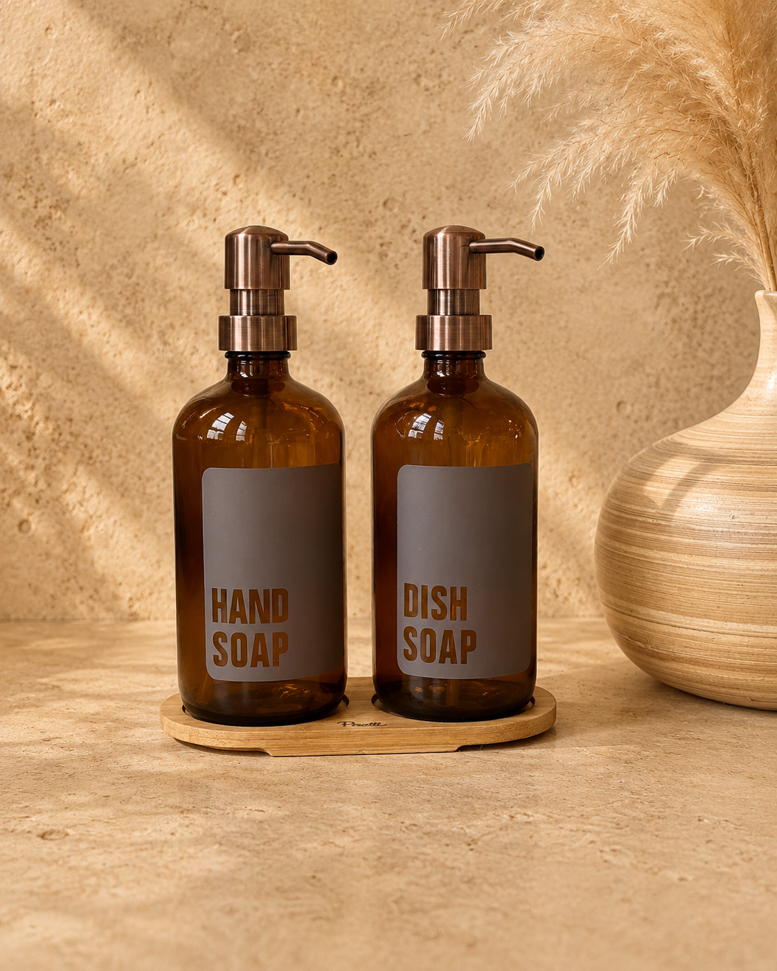 Lezione Bambu Standlı İkili Cam Sıvı Sabunluk Amber- Bronz KOD:15956