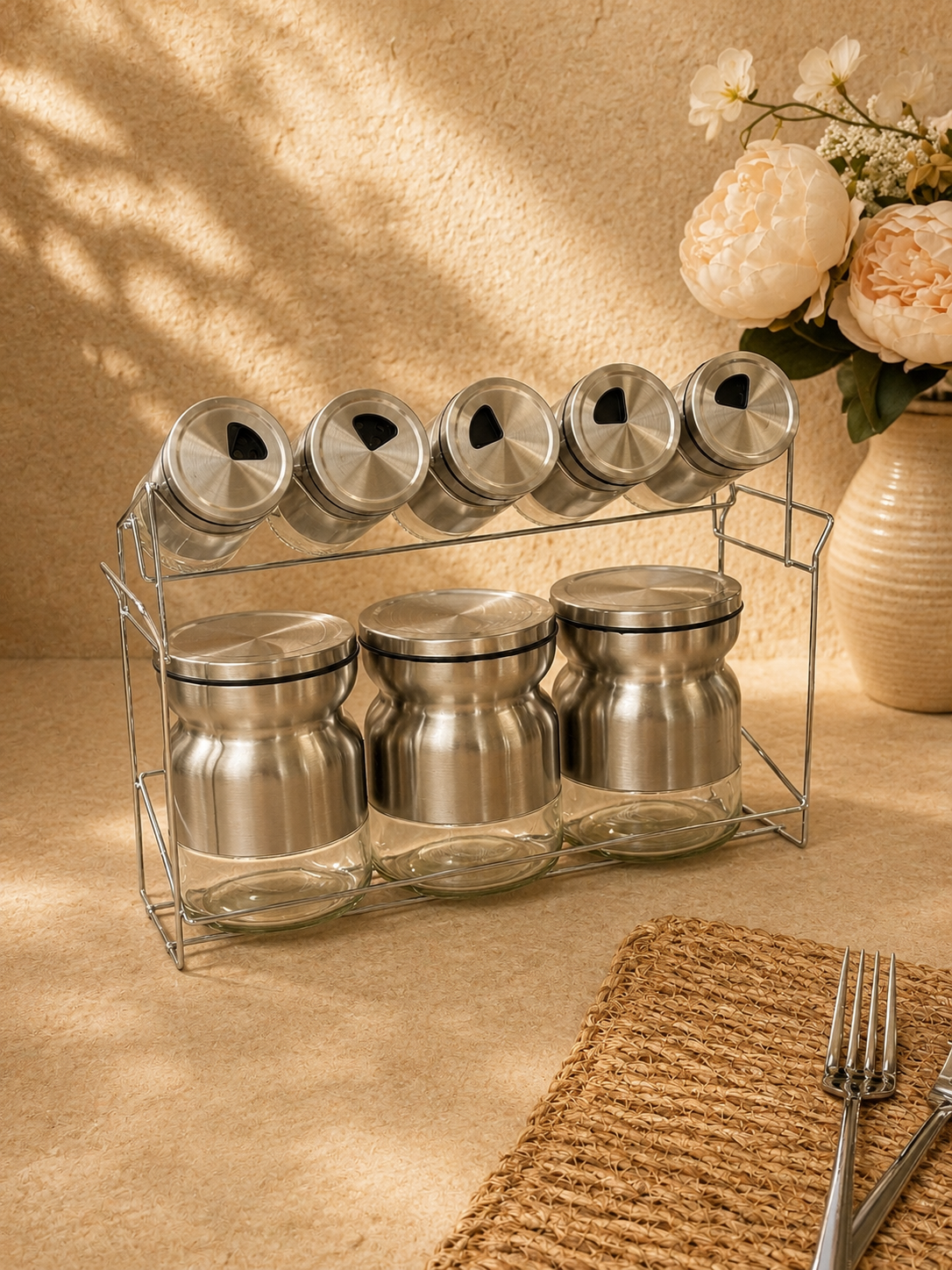 Sun Silver Metal Standlı 8 Parça Cam Baharatlık Seti KOD:13626