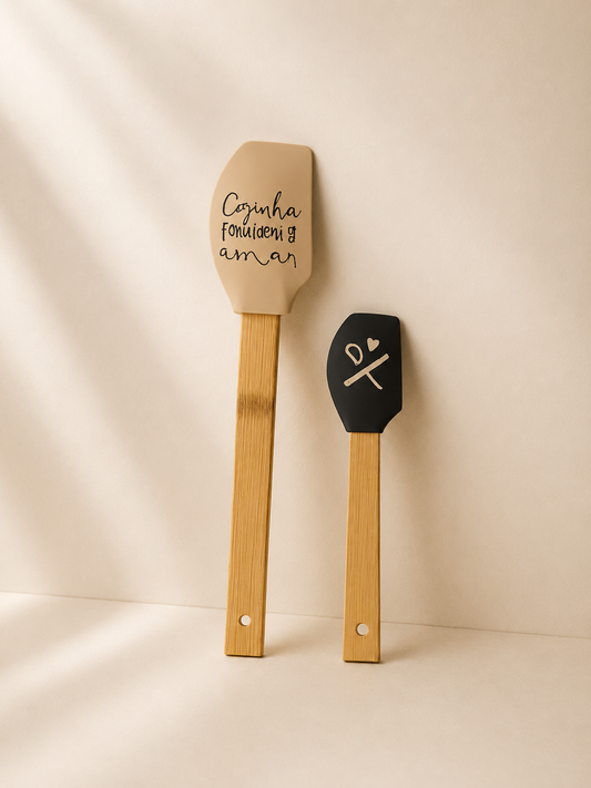 Medusa İki Boy Bambu Saplı Silikon Spatula Seti 27 cm ,18 cm Krem-Siyah
