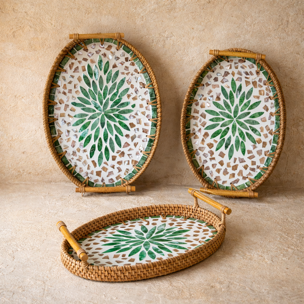 West 3 Boy El İşçiliği Sedef-Bambu Oval Tepsi Seti Renkli Model KOD:020-3H