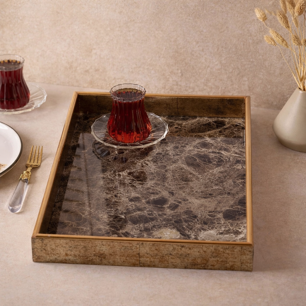 Turin Marble Siyah Gold Tepsi 28x40 cm KOD:17469