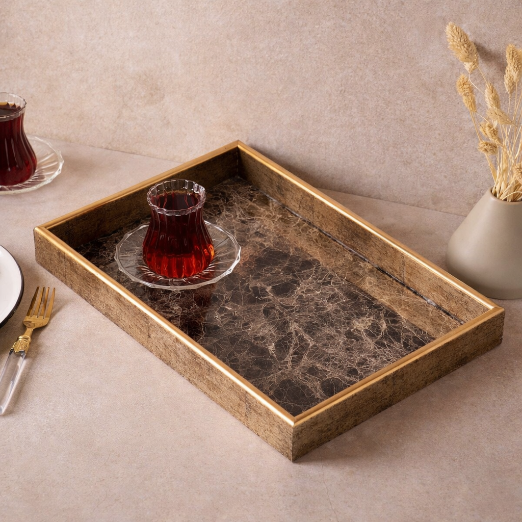 Turin Marble Siyah Gold Tepsi 25x37 cm KOD:17468