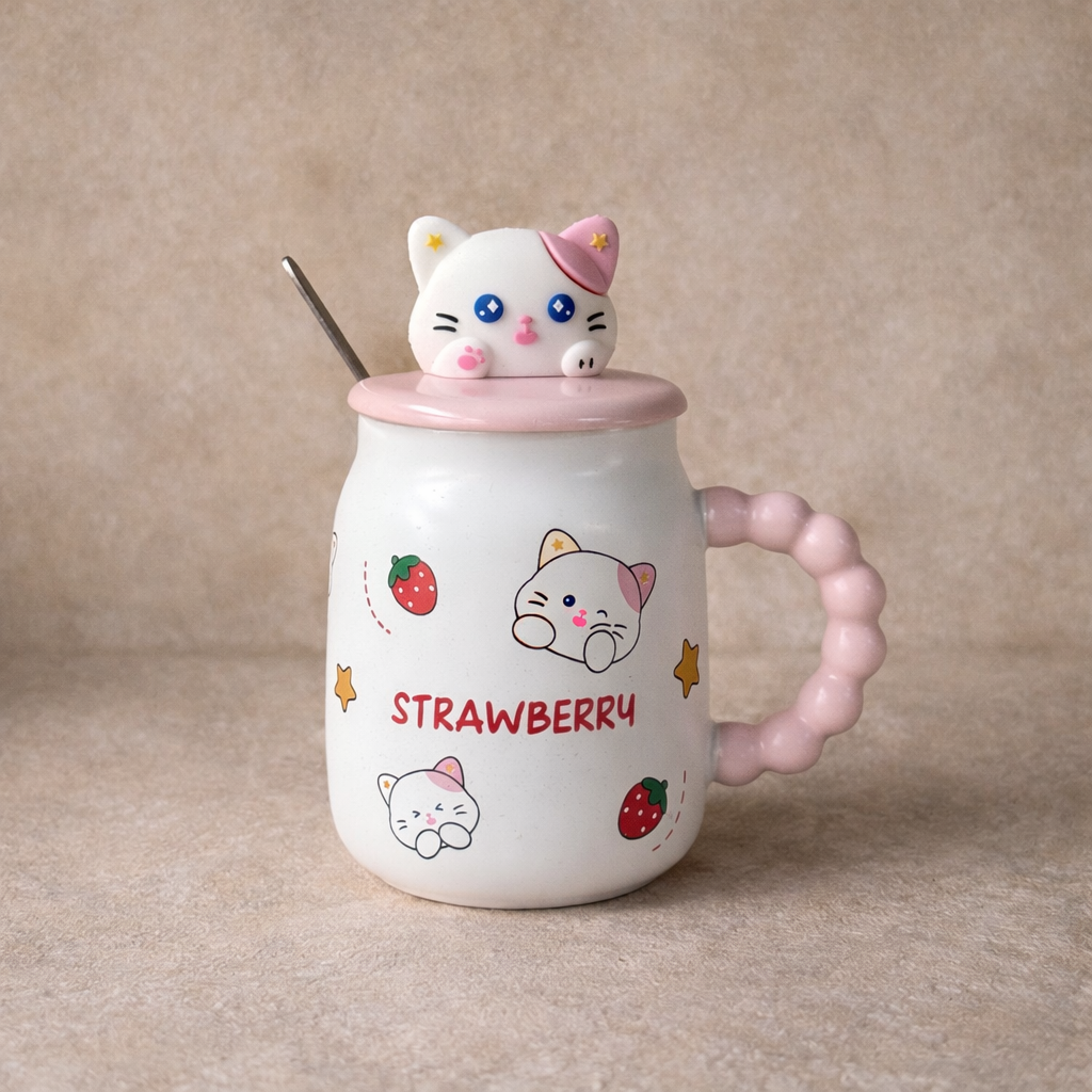 Tutku Strawberry Kapaklı Porselen Kupa 400 ml
