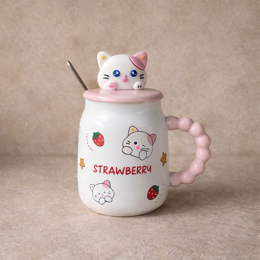 Tutku Strawberry Kapaklı Porselen Kupa 400 ml