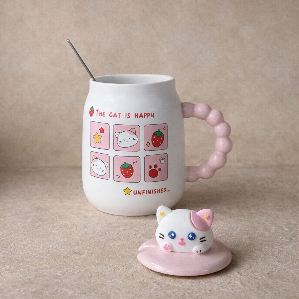 Tutku Cat İs Happy Kapaklı Porselen Kupa 400 ml