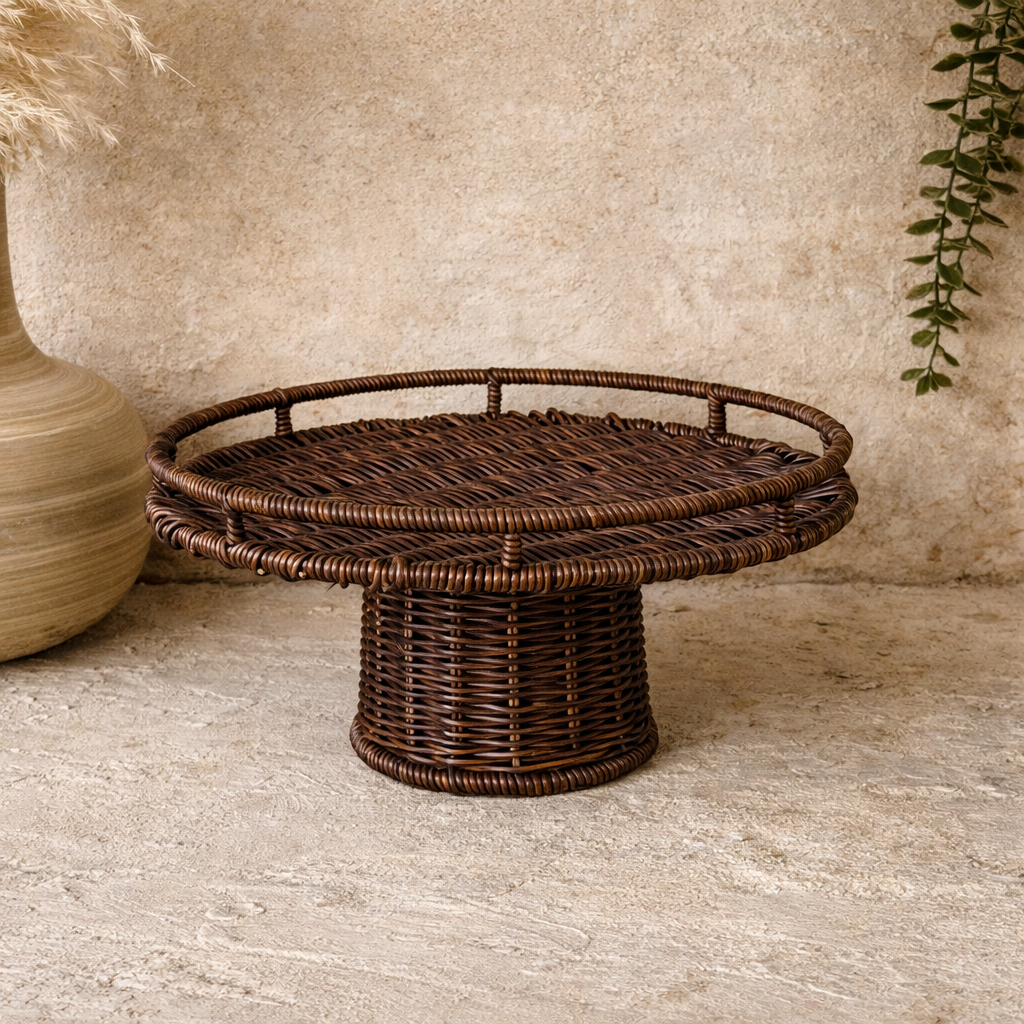 Rattan Ayaklı Yuvarlak Meyvelik Sunumluk Kahve Rengi