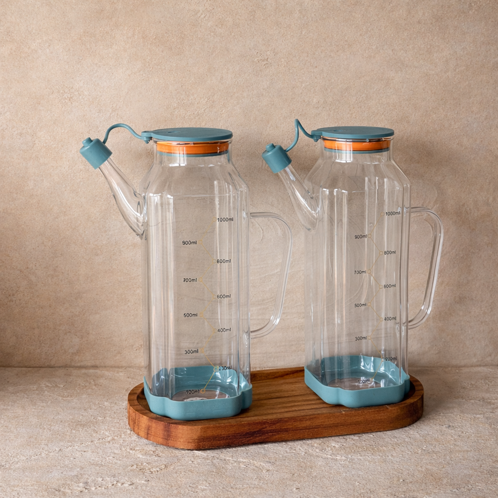 MRP Oval Ahşap Standlı İkili Yağdanlık Seti Yeşil 1 Litre