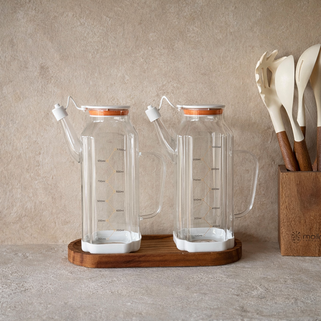 MRP Oval Ahşap Standlı İkili Yağdanlık Seti Krem 1 Litre