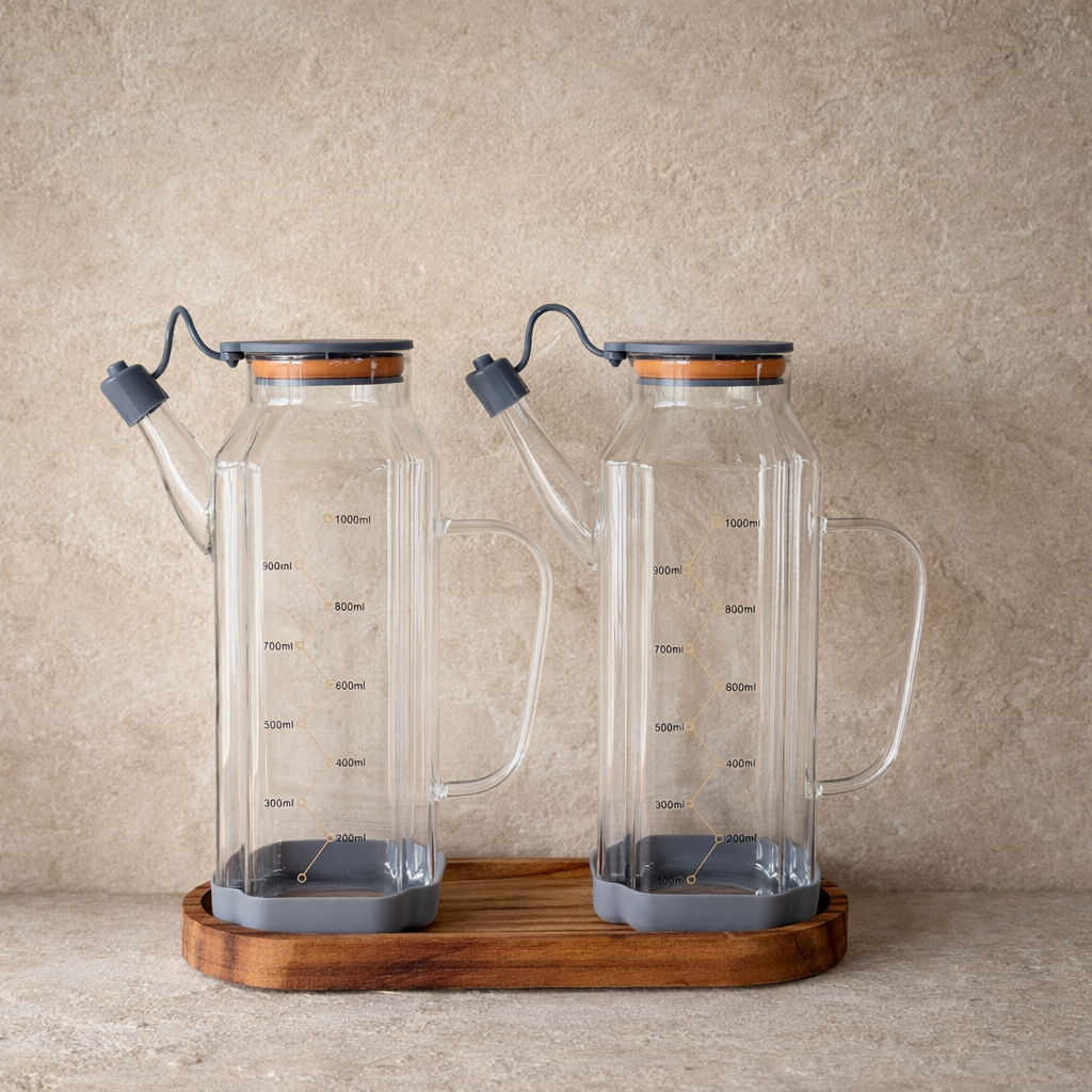 MRP Oval Ahşap Standlı İkili Yağdanlık Seti Gri 1 Litre