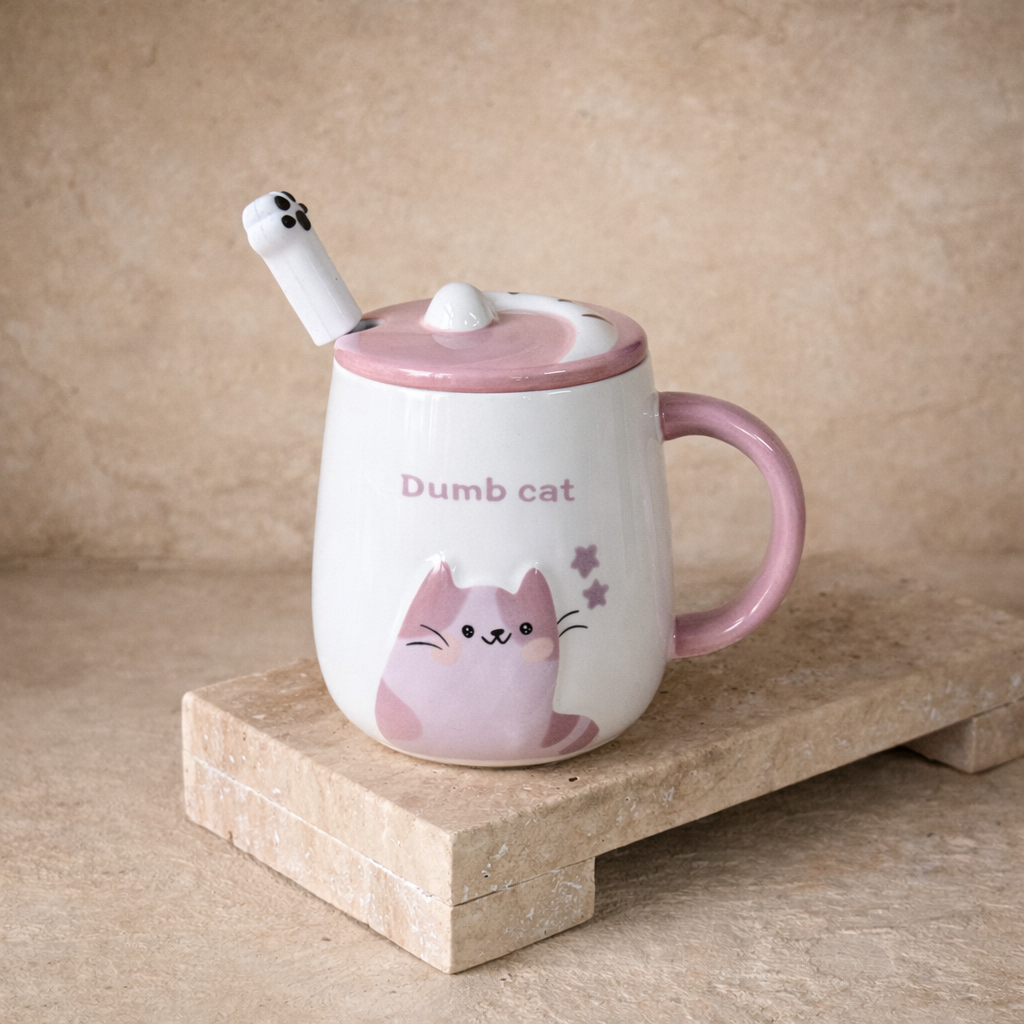 Dumb Cat Porselen Kapaklı Kupa Seti Pembe