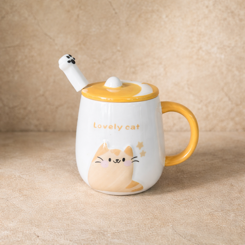 Lovely Cat Porselen Kapaklı Kupa Seti Turuncu
