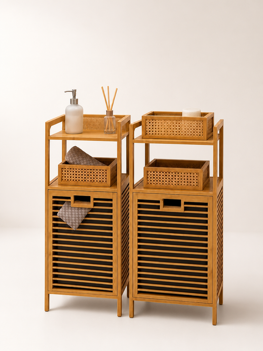 2 Adet Eva  Medusa Bambu Kirli Çamaşır Sepeti 2 Katlı Raf Banyo Dolabı 95x40x30 cm