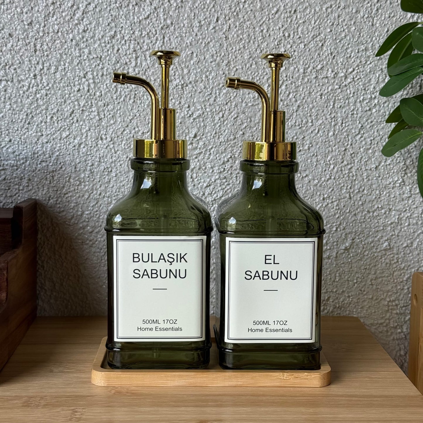 Lucia Bambu Standlı İkili Cam Kare Sıvı Sabunluk Seti Yeşil 500 ml