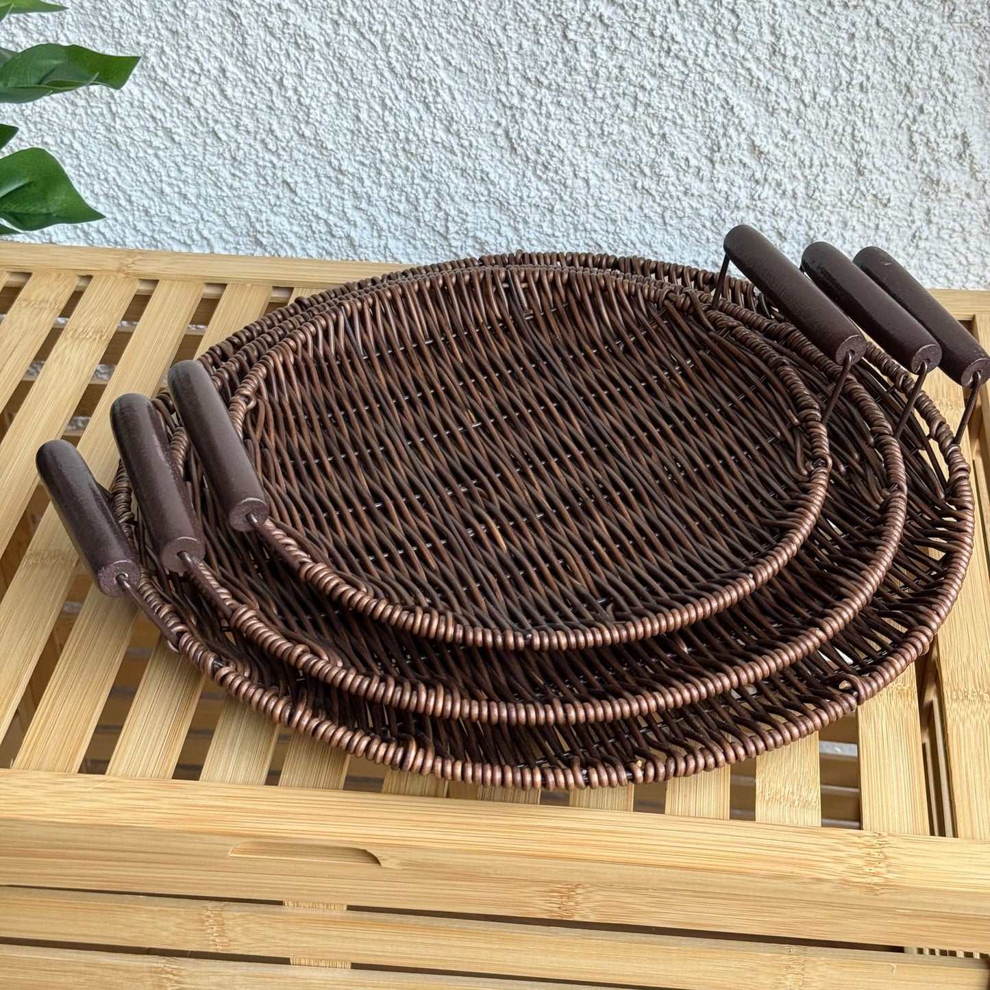 Rios Rattan Kulplu 3 Boy Yuvarlak Tepsi Seti Kahve Rengi