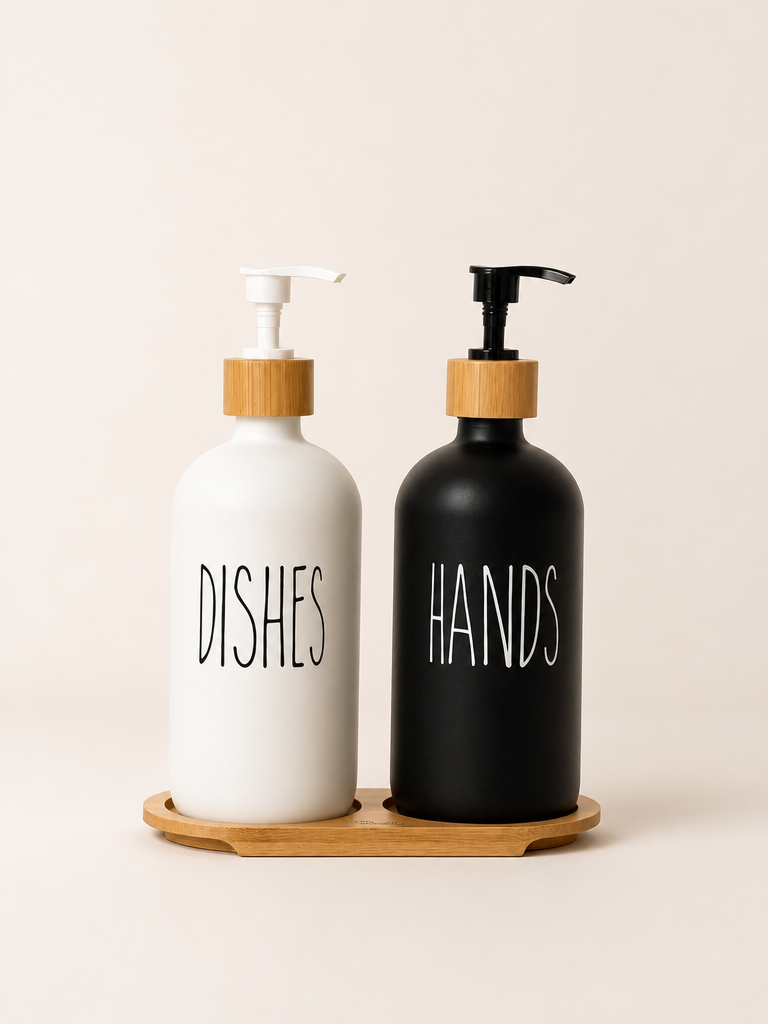 Lotion Bambu Standlı Cam Sıvı Sabunluk Seti Beyaz-Siyah KOD:15708