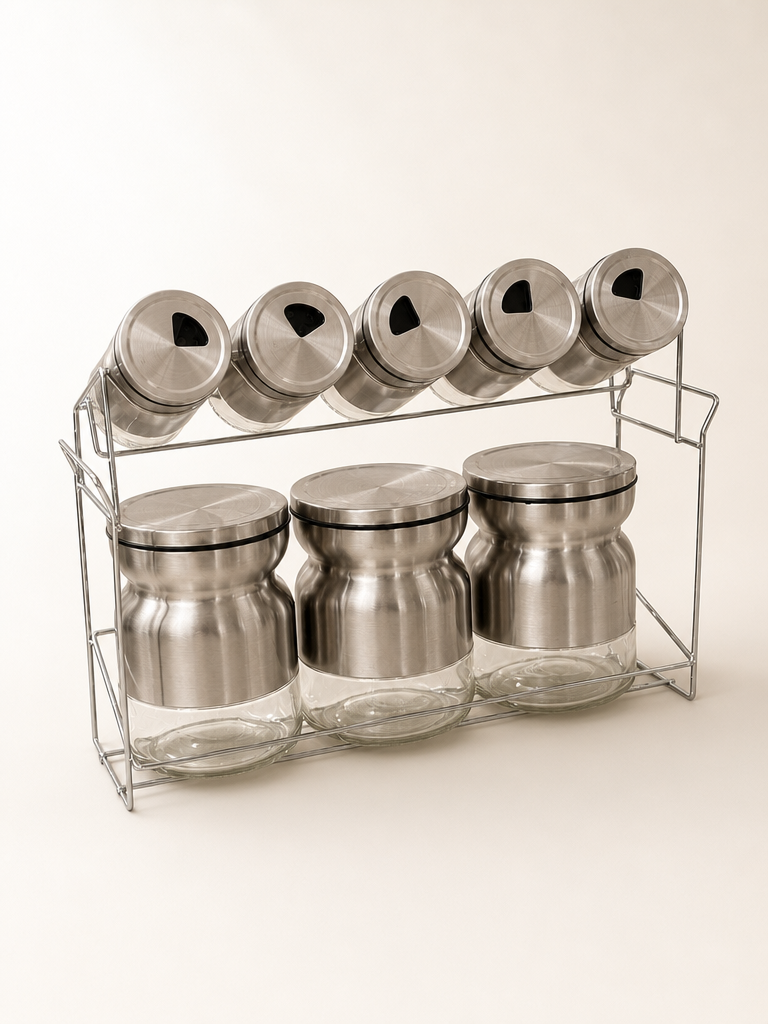 Sun Silver Metal Standlı 8 Parça Cam Baharatlık Seti KOD:13626