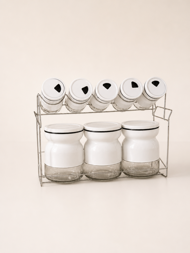 Sun White Metal Standlı 8 Parça Cam Baharatlık Seti KOD:13625