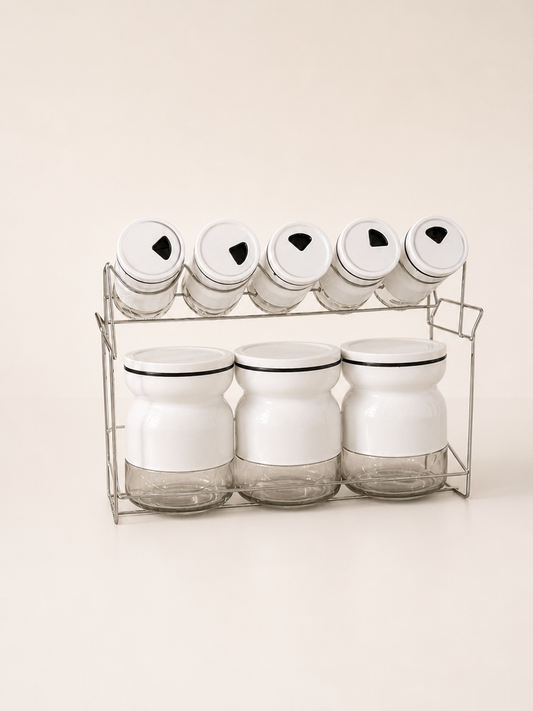 Sun White Metal Standlı 8 Parça Cam Baharatlık Seti KOD:13625