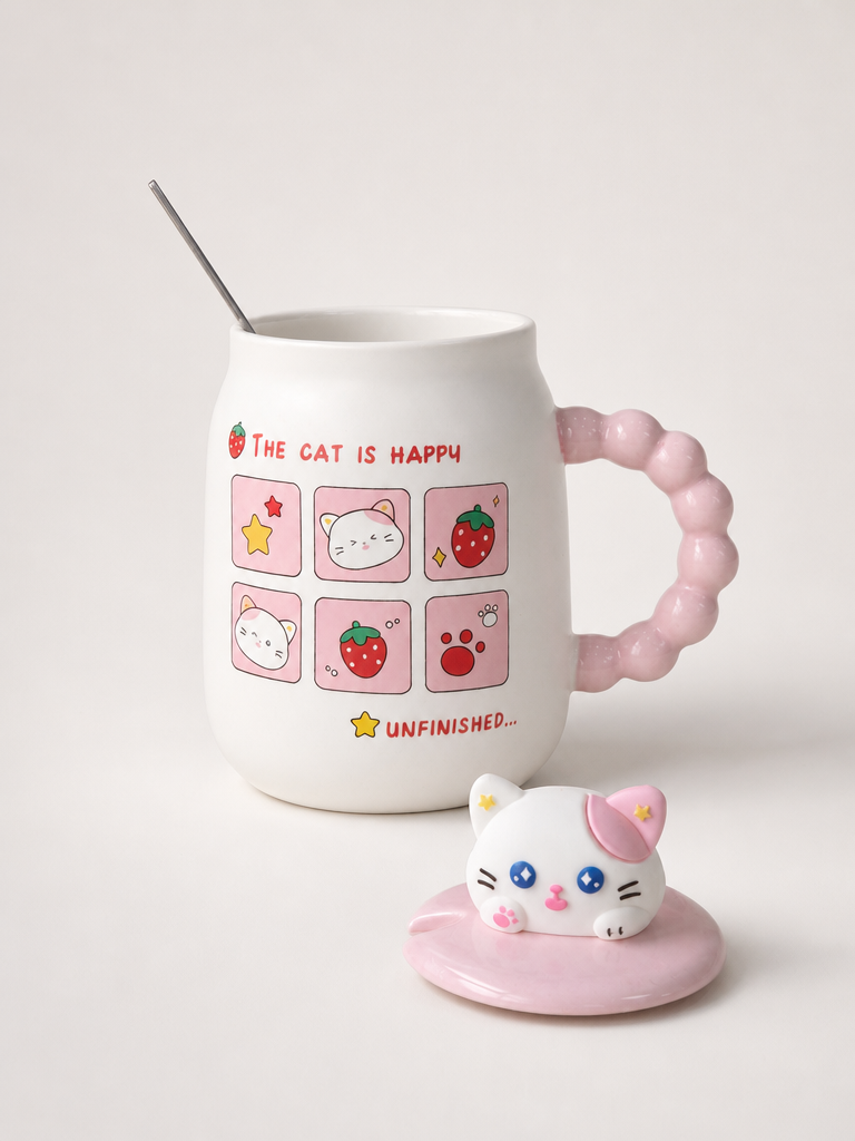 Tutku Cat İs Happy Kapaklı Porselen Kupa 400 ml