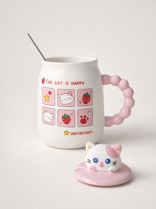 Tutku Cat İs Happy Kapaklı Porselen Kupa 400 ml