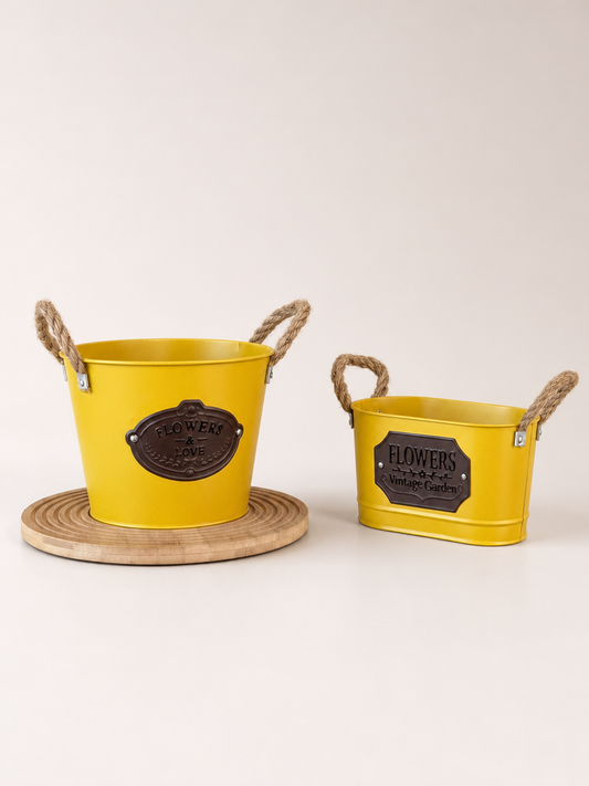 Tutku Halat Kulplu Metal İki Boy Vintage Saksı Sarı  KOD:3455-54
